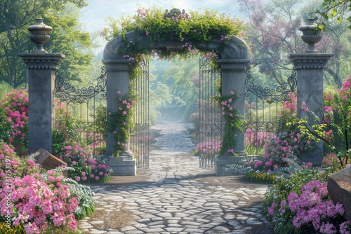 Fototapeta Naklejka Na Ścianę i Meble -  Enchanted garden archway with flowering blooms