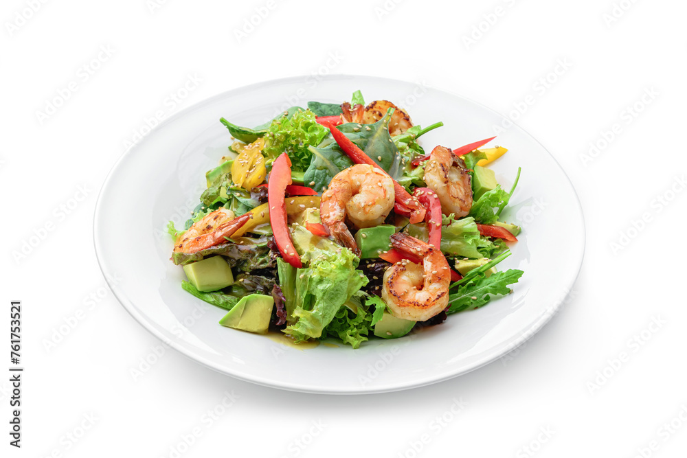 Healthy fresh salad with shrimp or prawns, avocado, lettuce, spinach, sesame, bell pepper and sauce in plate isolated on white background. Healthy food, top view
