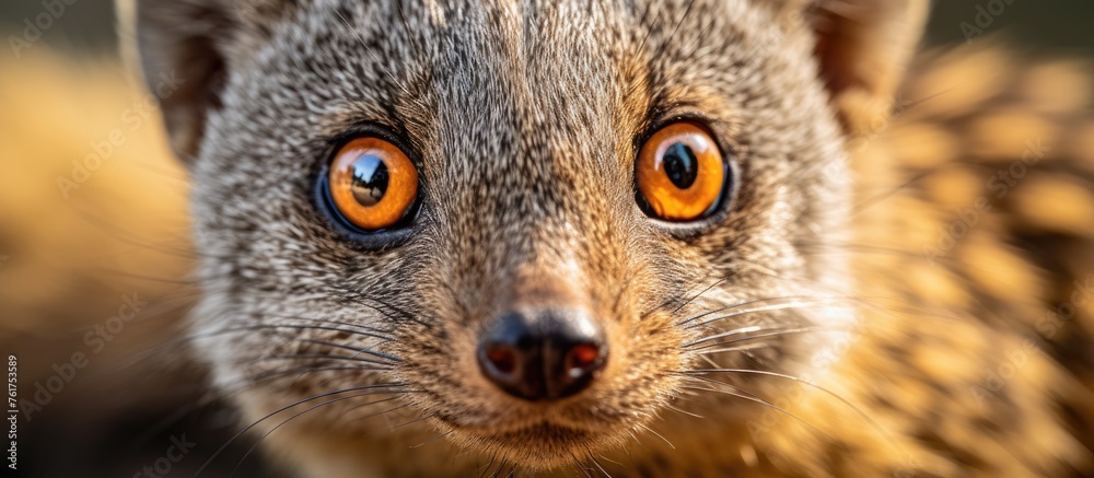 Fototapeta premium A closeup shot capturing the fawn fur and whiskers of a terrestrial animal, possibly a lemur, with orange eyes staring at the camera in a mesmerizing way