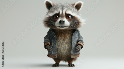 A cartoon character of a Raccoon in autumn clothes on a gray background. 3d illustration photo
