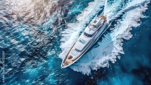 a luxury yacht being from an aerial perspective, showcasing the precision and scale of the maritime masterpiece against the backdrop of coastal beauty. © lililia