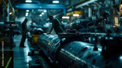 Close-up shot of technicians assembling warhead components inside a dimly lit factory 