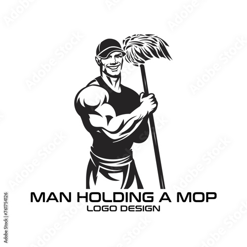 Man Holding A Mop Vector Logo Design