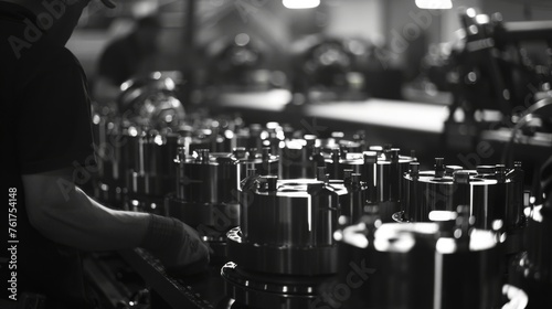 Close-up shot of technicians assembling warhead components inside a dimly lit factory 