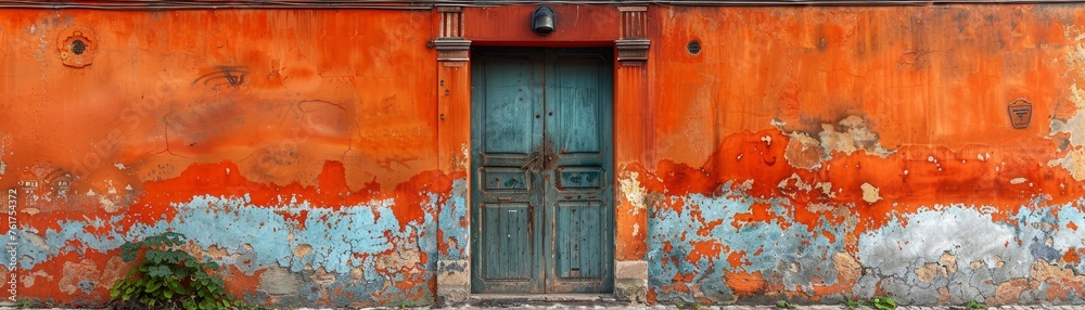 Capturing the authentic charm of weathered urban landscapes, an old, textured door stands in a rustic alleyway