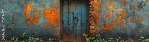 Old, textured door in a rustic alleyway, capturing the imperfect symmetry and authentic charm of weathered urban landscapes