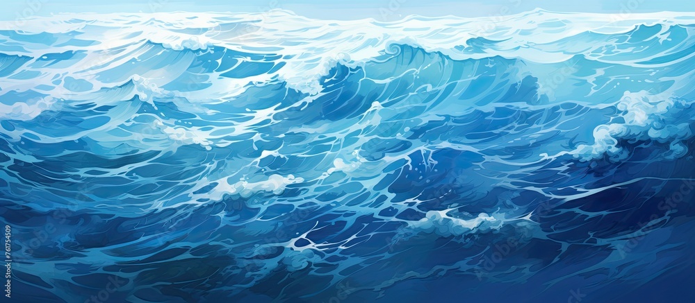 A mesmerizing painting capturing the fluidity of water, with waves crashing on the shore under a stormy atmosphere. The horizon and landscape blend seamlessly with the aqua tones and cloudfilled sky