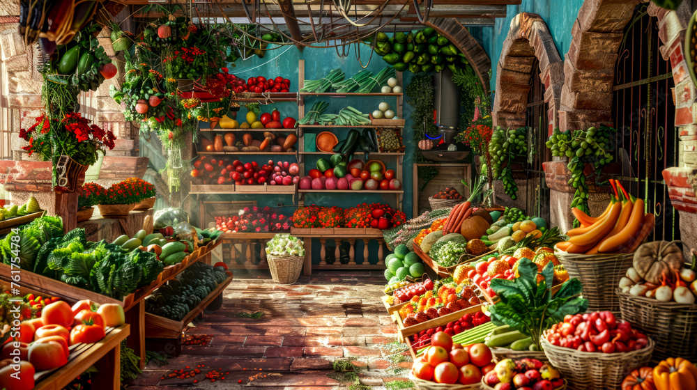 Store filled with lots of different types of fruits and veggies.