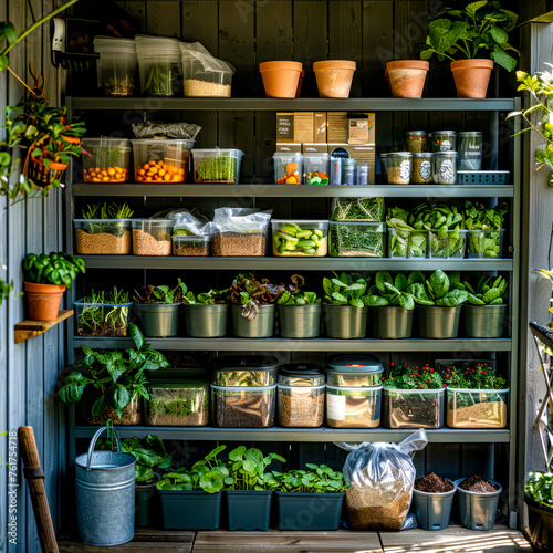 Shelf filled with lots of potted plants and other plants next to each other.