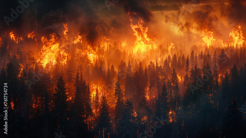 Environmental catastrophe: raging infernos engulf forests, a global disaster unfolds. photo