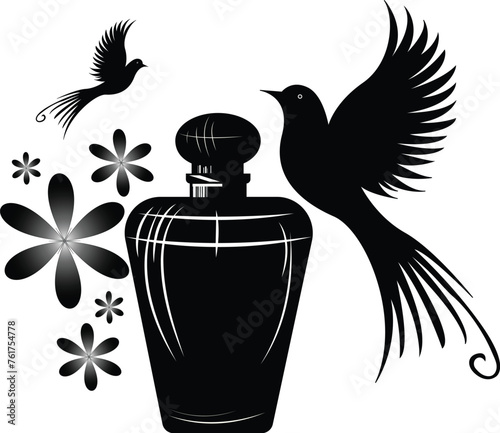 a perfume bottle with floral and bird elements