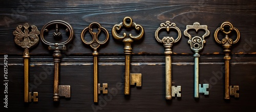 An assortment of old keys rests on a vintage wooden table, creating a symmetrical display of metal objects. The rustic setting gives off a charming vibe, reminiscent of a bygone era