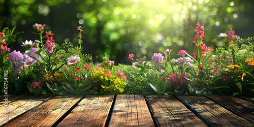 Beautiful spring background with wooden table in green garden, surrounded by spring flowers and empty space for customization. Ideal for nature-themed designs or spring-related projects.