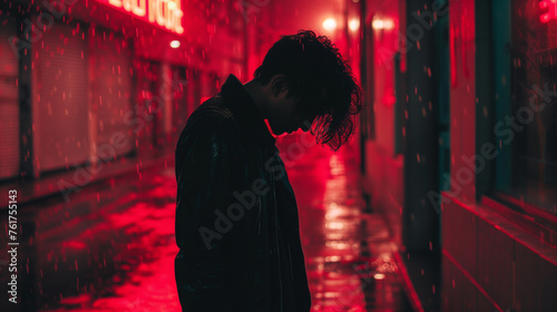 Solitary Figure Feeling Lonely on a Rainy Night in a Neon-Lit City Street