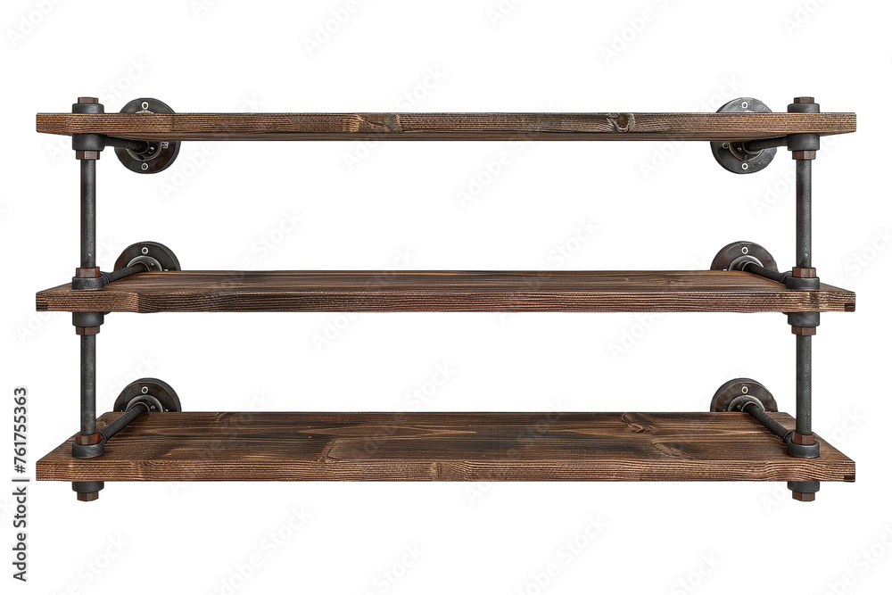 A wooden shelf adorned with industrial-style metal pipes and wheels, showcasing a unique blend of rustic and modern design elements