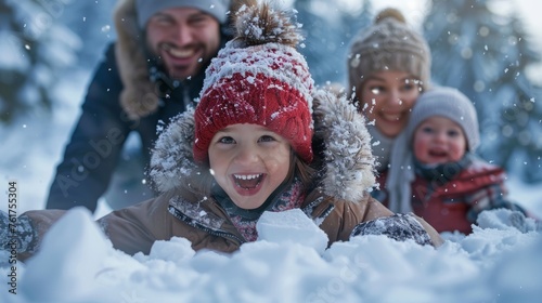 A family playing in the snow together