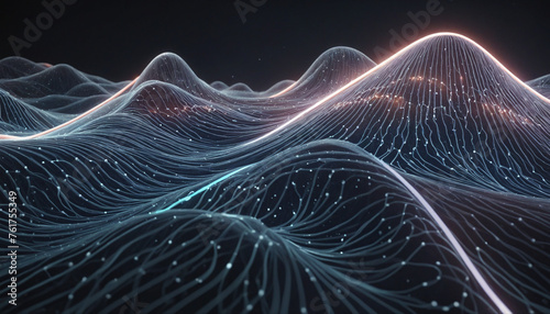 Futuristic big data visualization wave connecting neural network and moving on earth. 