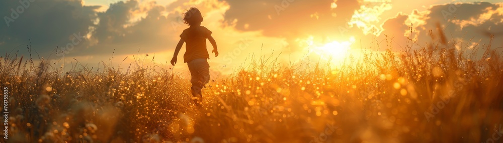 Child running through a field, laughter echoing, showcasing the pure simplicity and unscripted joy of childhood in natural light - obrazy, fototapety, plakaty 