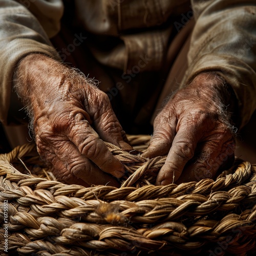 Craftsman's hands weave a basket, revealing textures and skilled craftsmanship essence photo