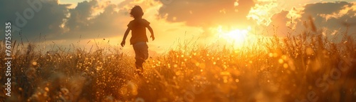 Child running through a field, laughter echoing, showcasing the pure simplicity and unscripted joy of childhood in natural light