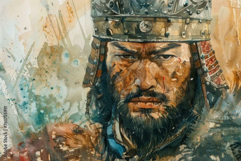 Tamerlan Turco-Mongol Conqueror portrayed in watercolor art, historical warrior portrait with crown and armor