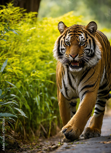 tiger in the wild, a tiger walking on a path in the woods.