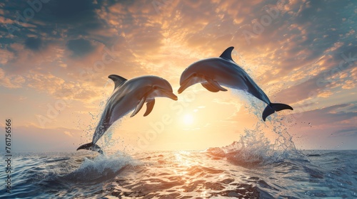 Graceful dolphins leaping in heart shape out of crystal clear ocean waters under tropical sun