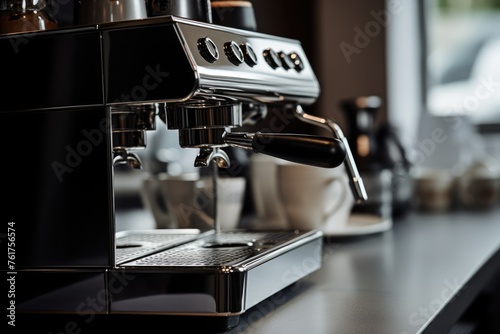 Professional espresso machine pouring fresh coffee in cafe setting photo