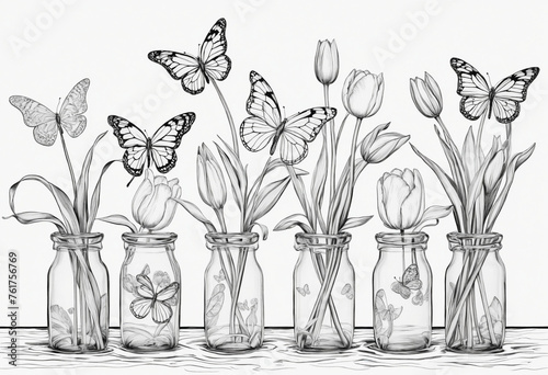 Stress relieving coloring activity for kids and adults. Butterflies are positioned around tulips in water bottles.  photo