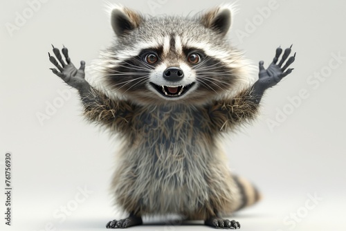 A cartoon character in the form of a happy raccoon on a gray background. 3d illustration