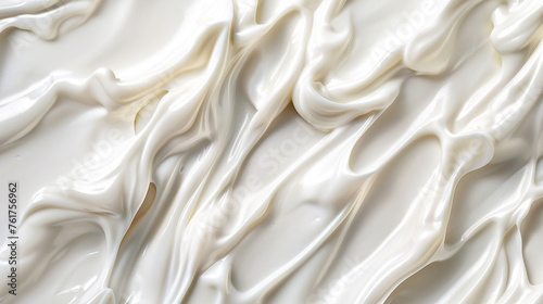 Close-up of white natural creamy vanilla yogurt top view