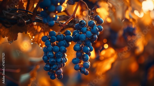 Cluster of grapes dangling from a vine on a tree branch.