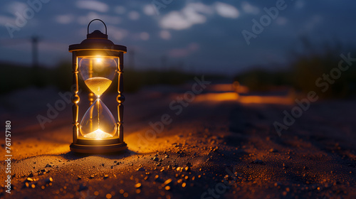 An hourglass lantern glows warmly on a sandy path under a twilight sky