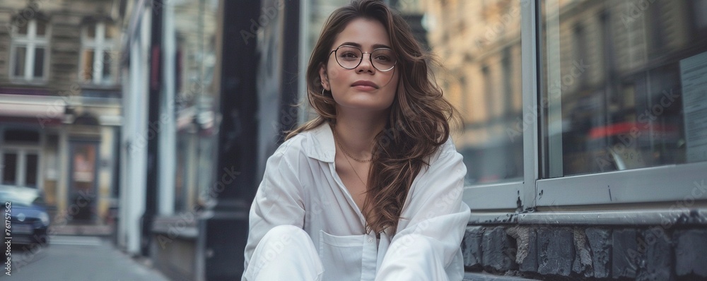 Φωτογραφία Portrait of woman with glasses and white pants in the street