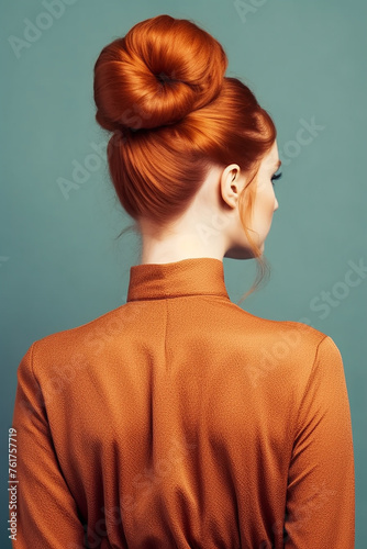 A woman with an elegant red hair bun against a teal background.