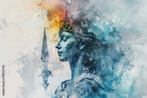 Minerva the Goddess of Wisdom depicted in a stunning watercolor art style with ancient Roman mythology influences
