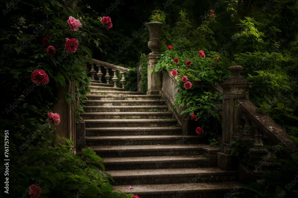 Secluded garden stairway with red roses