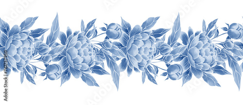 Decorative blue border. Peony flowers, seamless floral pattern.