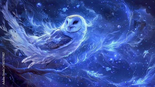 Ghostly owl with ethereal wings gliding silently through a haunted mansion phasing through walls escaping a barrage of spectral orbs