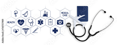 Top view of a passport with airplane, stethoscope and icons symbolizing the importance of medical insurance for travel, whether it's a summer beach vacation or a business trip. Health and safety