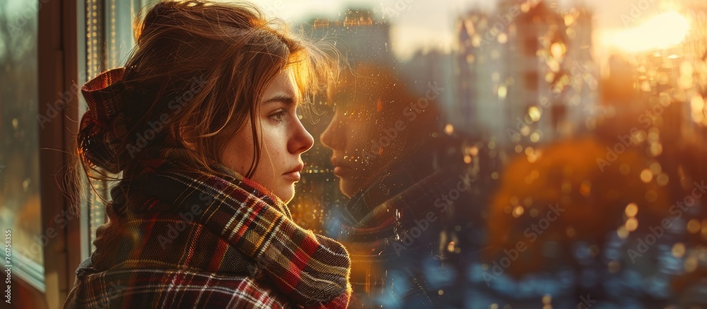 A woman is happily looking out of the window on a rainy day, admiring the plaid pattern of the Tartan fabric. She envisions a fun event, sharing the cozy moment with loved ones A woman is happily looking out of the window on a rainy day, admiring the plaid pattern of the Tartan fabric. She envisions a fun event, sharing the cozy moment with loved ones