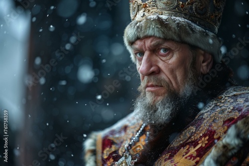 Tsar Ivan depicted in an epic historical portrayal with a crown and beard amidst falling snow