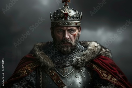 Richard Lionheart the English King in his historical medieval crown and armour with a red cape and beard