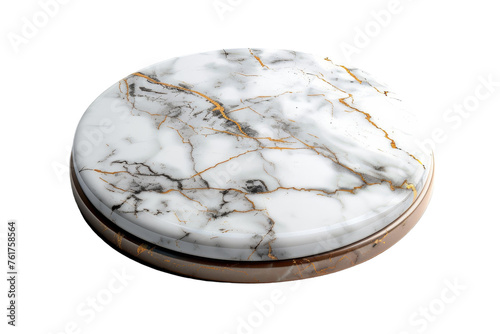 A white and gold marble coaster resting on a pristine white background