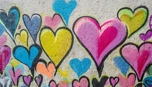 Colorful hearts as graffiti love symbol on wall
