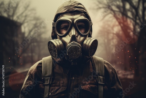 Industrial Man gas mask. Danger army survivor. Generate Ai