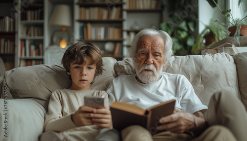 Grandfather reading book and using smartphone with child, grandson. Confrontation between online and offline life