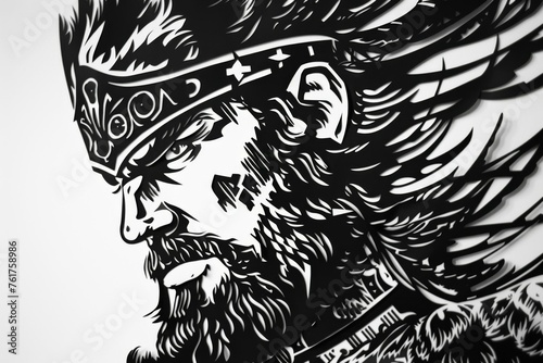 Attila the Hun, a barbarian in black and white, illustrated as a historical warrior with a beard and intensity photo