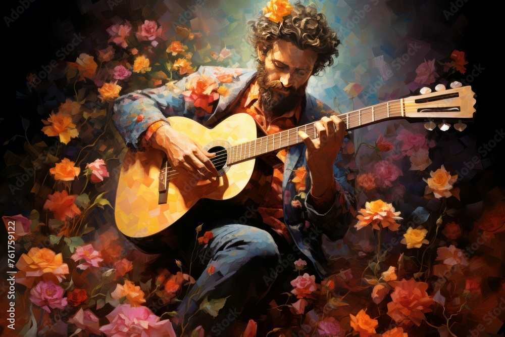 Obraz premium Serene Man guitar roses garden. Music love. Generate Ai