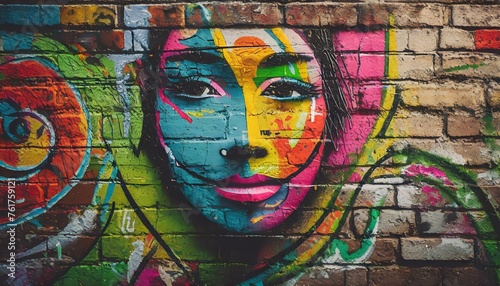 Colorful graffiti on the brick wall as face